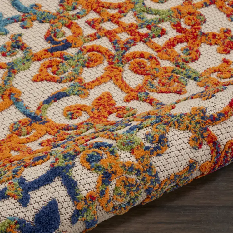 6' Ivory Blue Orange And Green Trellis Indoor Outdoor Runner Rug
