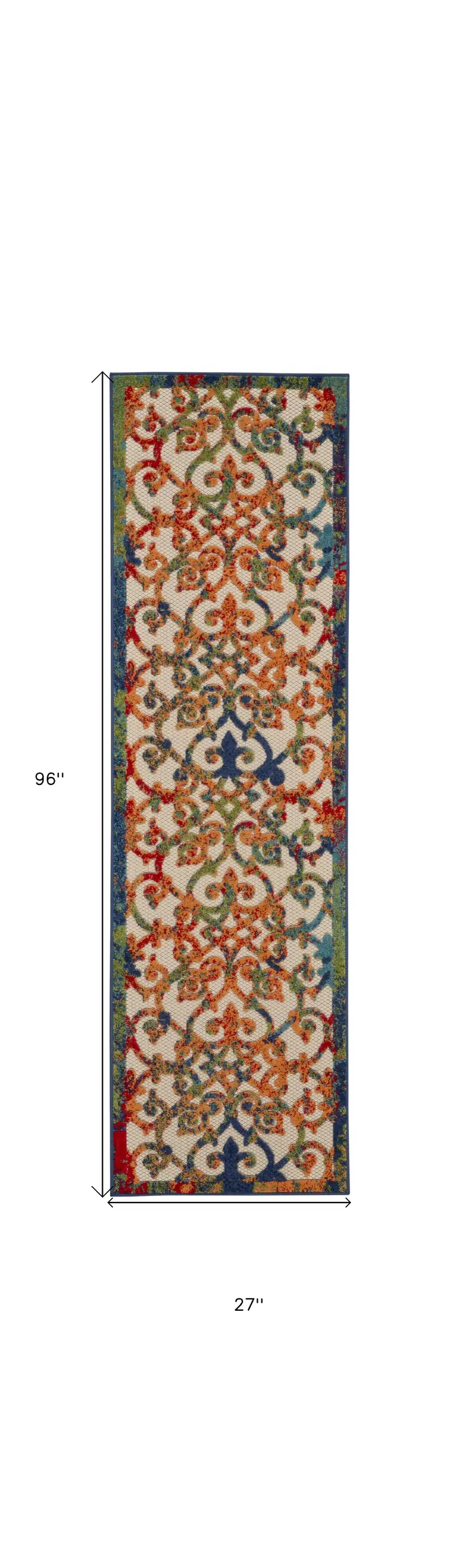 8' Ivory Blue Orange And Green Trellis Indoor Outdoor Runner Rug