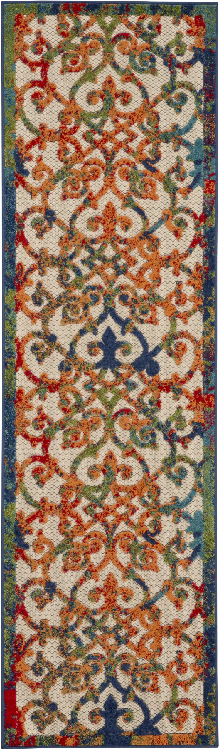 10' Ivory Blue Orange And Green Trellis Indoor Outdoor Runner Rug