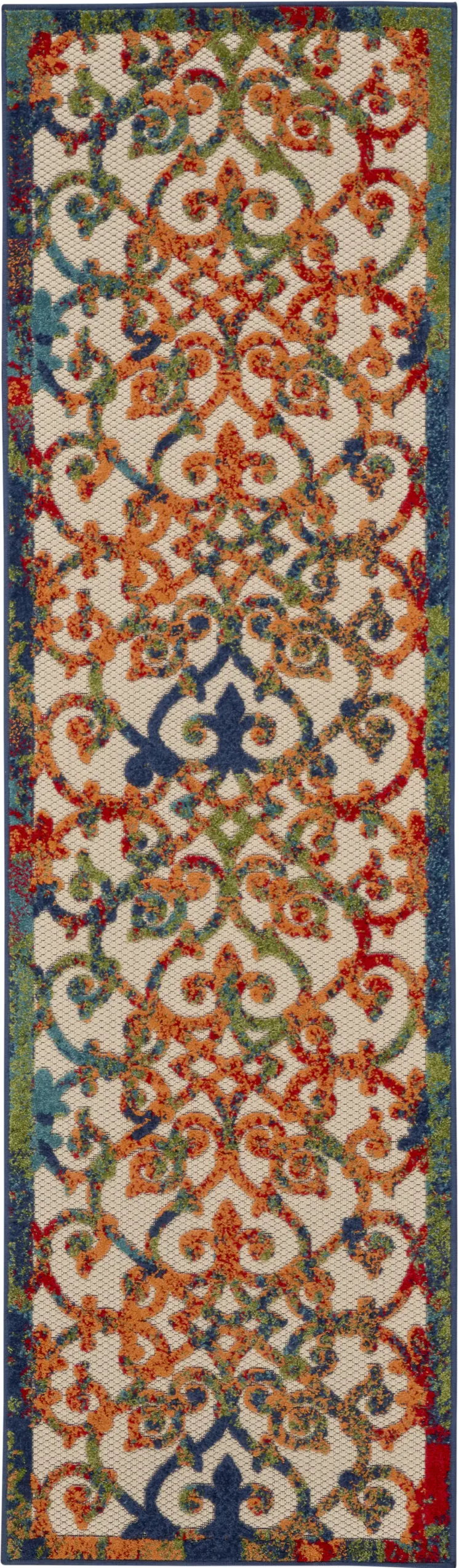 10' Ivory Blue Orange And Green Trellis Indoor Outdoor Runner Rug