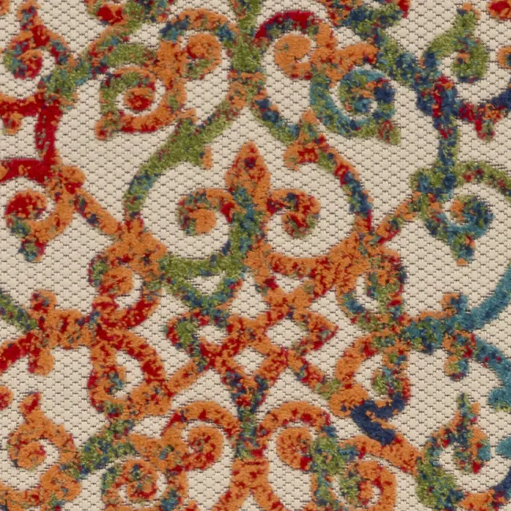 10' Ivory Blue Orange And Green Trellis Indoor Outdoor Runner Rug