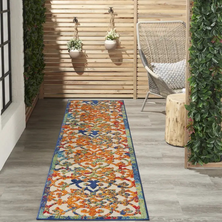 10' Ivory Blue Orange And Green Trellis Indoor Outdoor Runner Rug