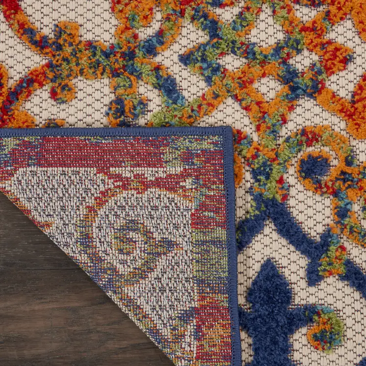 10' Ivory Blue Orange And Green Trellis Indoor Outdoor Runner Rug