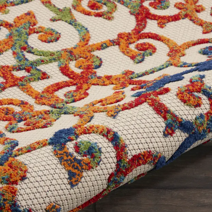 4' Ivory Blue Orange And Green Round Trellis Indoor Outdoor Area Rug
