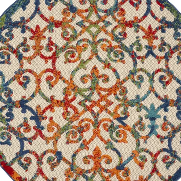 4' Ivory Blue Orange And Green Round Trellis Indoor Outdoor Area Rug