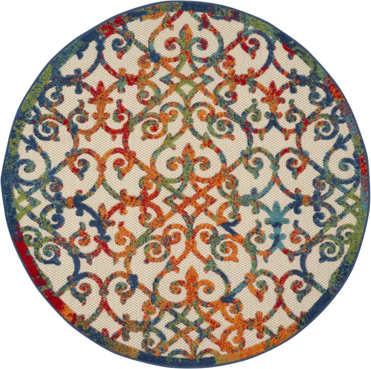 5' Ivory Blue Orange And Green Round Trellis Indoor Outdoor Area Rug