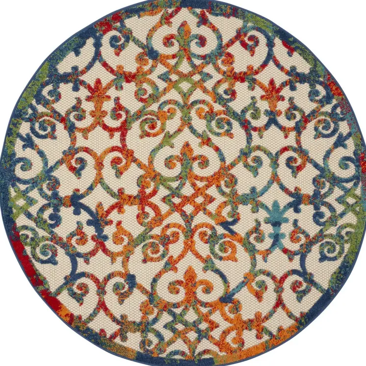 5' Ivory Blue Orange And Green Round Trellis Indoor Outdoor Area Rug