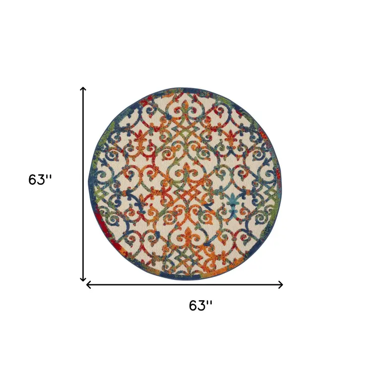 5' Ivory Blue Orange And Green Round Trellis Indoor Outdoor Area Rug