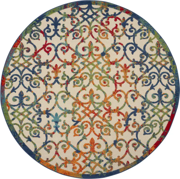 8' Ivory Blue Orange And Green Round Trellis Indoor Outdoor Area Rug