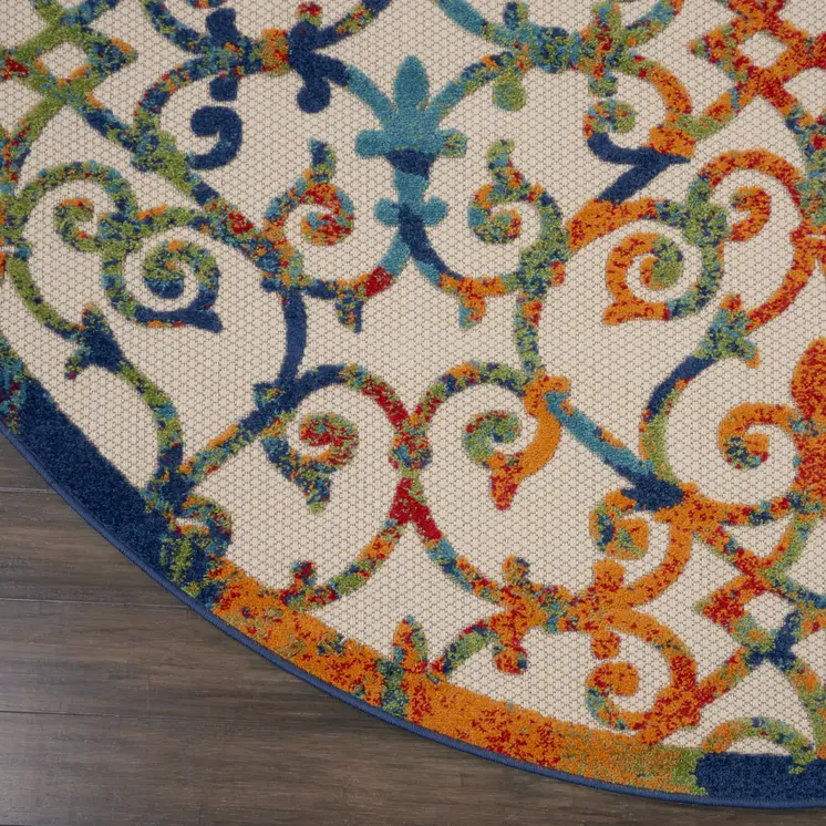 8' Ivory Blue Orange And Green Round Trellis Indoor Outdoor Area Rug