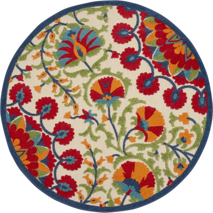 4' Navy Blue Beige Green Blue And Red Round Floral Indoor Outdoor Area Rug