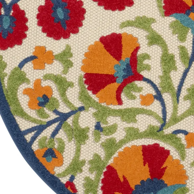 4' Navy Blue Beige Green Blue And Red Round Floral Indoor Outdoor Area Rug