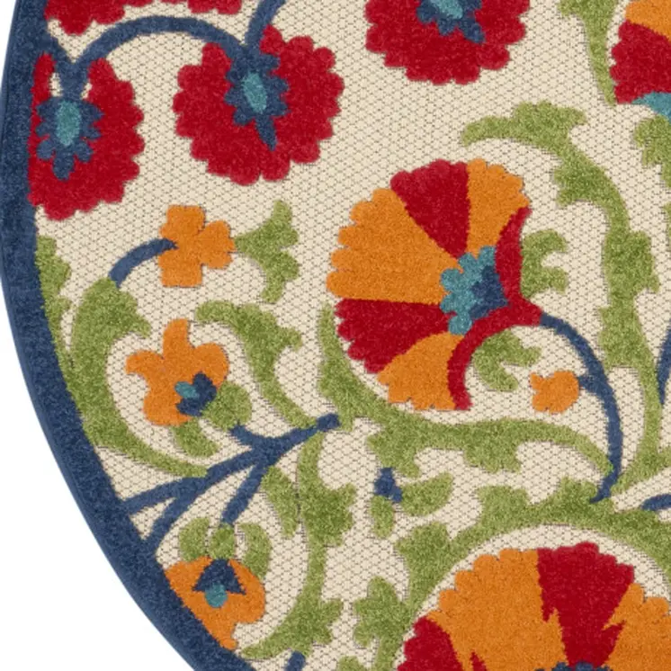 4' Navy Blue Beige Green Blue And Red Round Floral Indoor Outdoor Area Rug