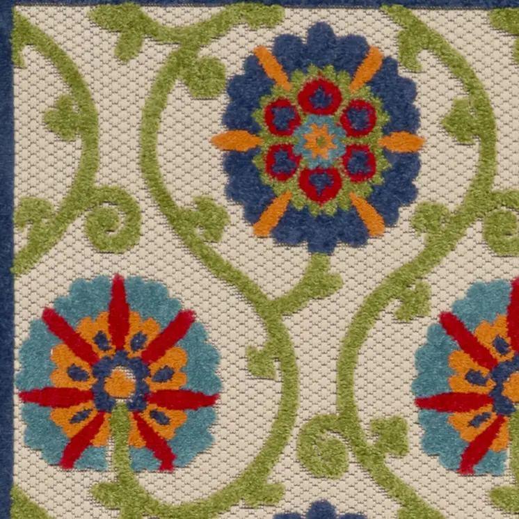 12' Navy Blue Beige Green Blue And Red Floral Indoor Outdoor Runner Rug