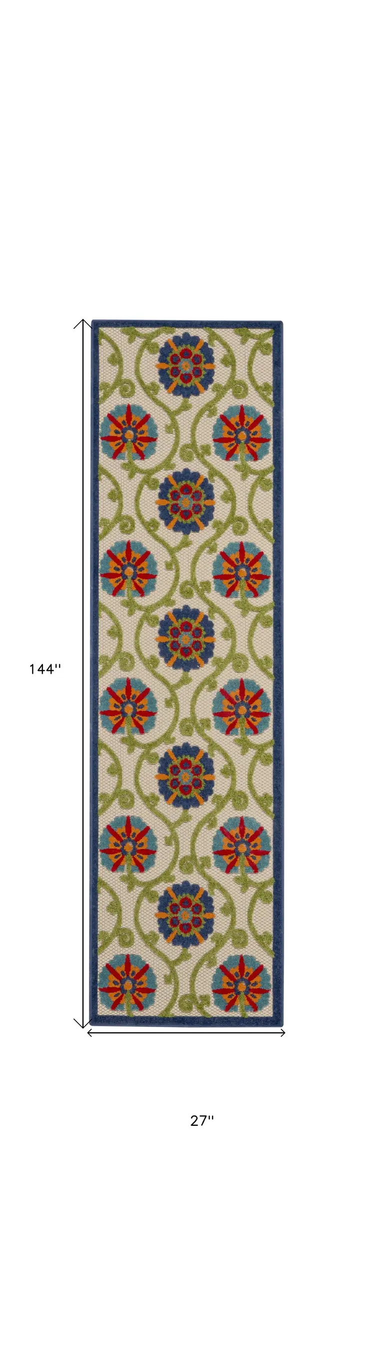 12' Navy Blue Beige Green Blue And Red Floral Indoor Outdoor Runner Rug