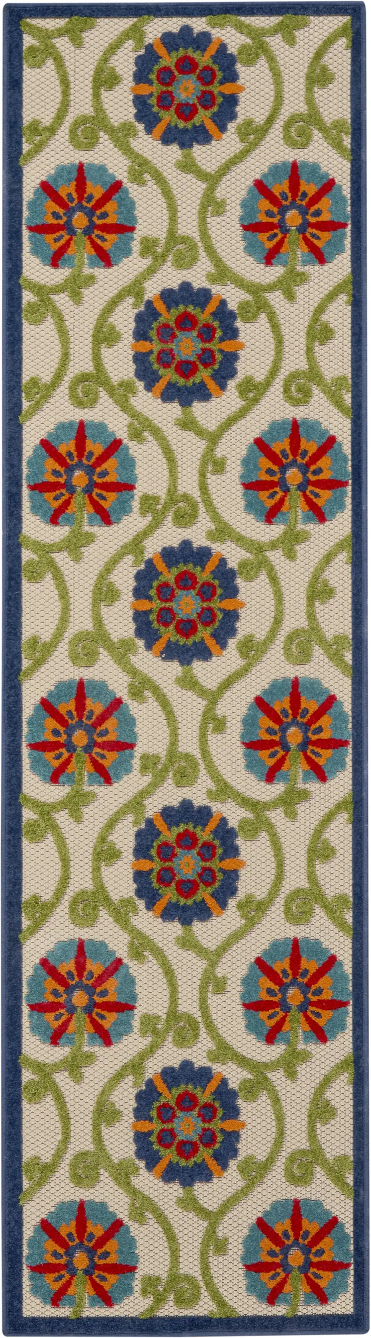 12' Navy Blue Beige Green Blue And Red Floral Indoor Outdoor Runner Rug