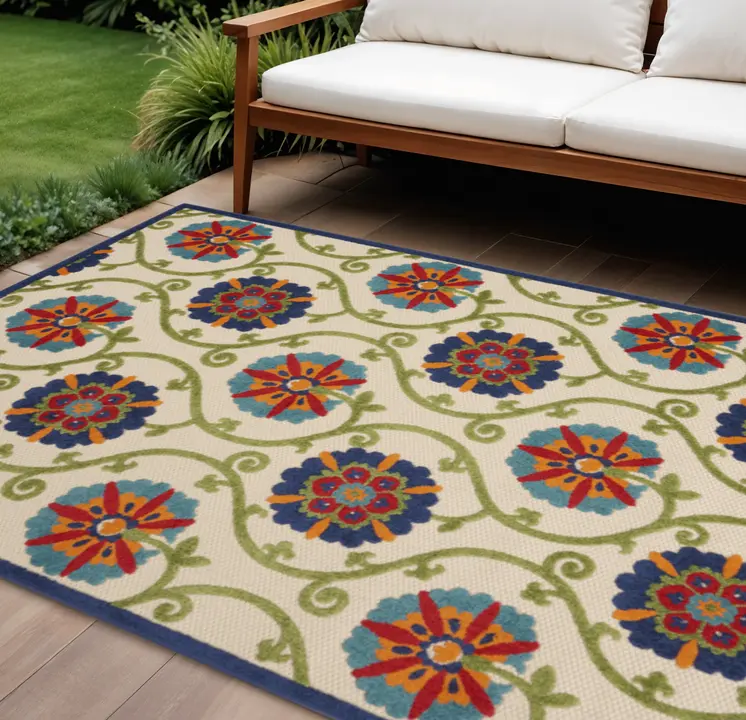 6' X 9' Navy Blue Beige Green Blue And Red Floral Indoor Outdoor Area Rug