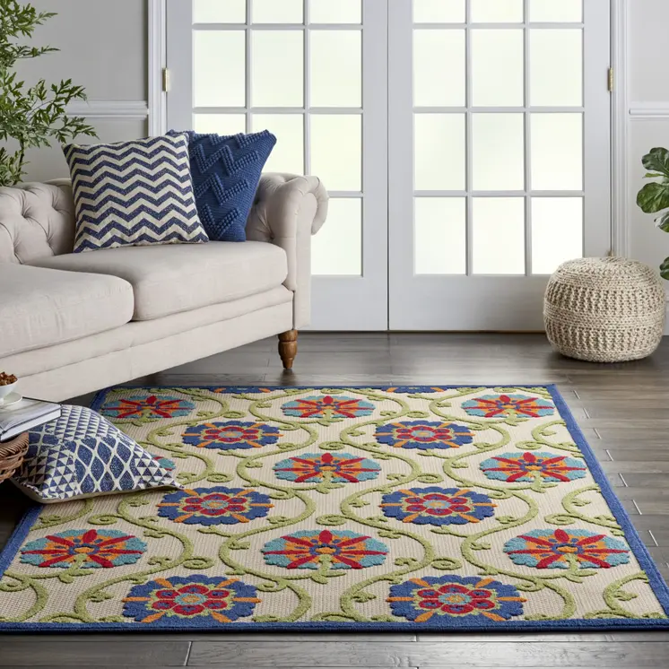 6' X 9' Navy Blue Beige Green Blue And Red Floral Indoor Outdoor Area Rug