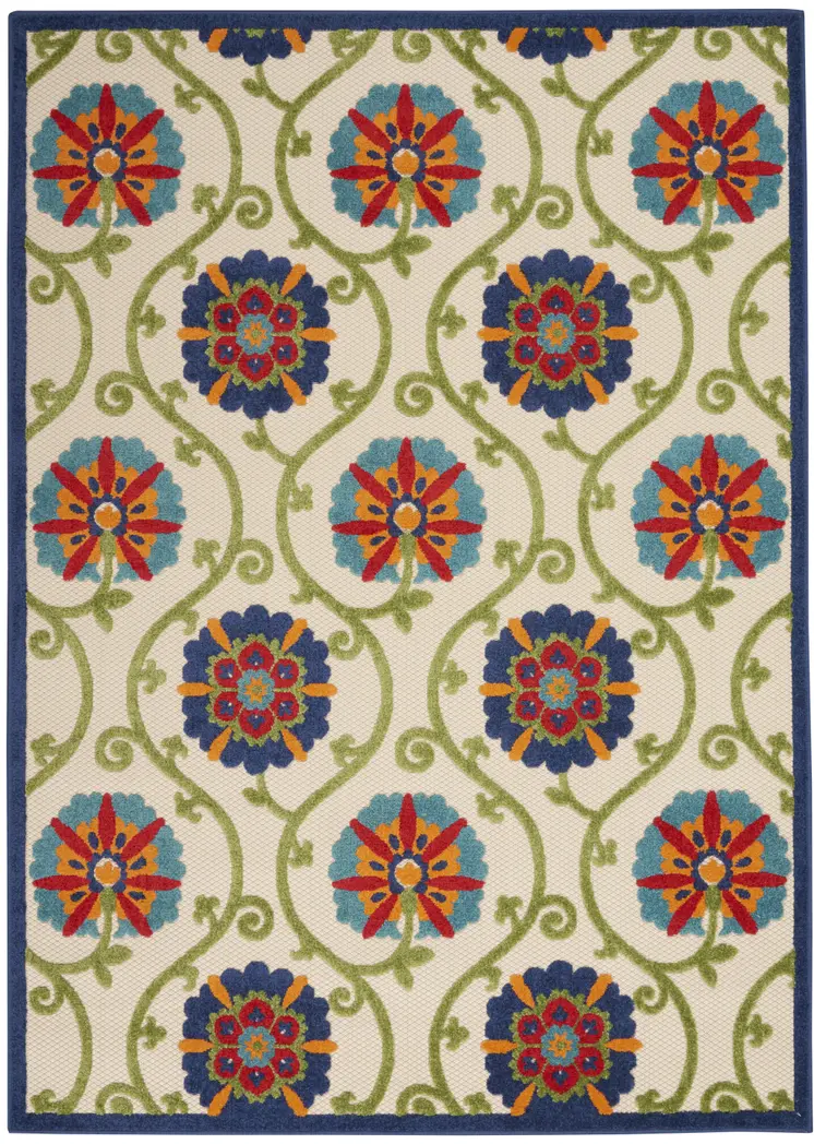 6' X 9' Navy Blue Beige Green Blue And Red Floral Indoor Outdoor Area Rug