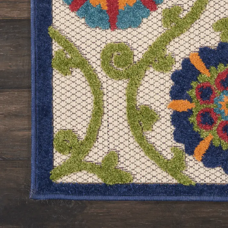 7' X 10' Navy Blue Beige Green Blue And Red Floral Indoor Outdoor Area Rug