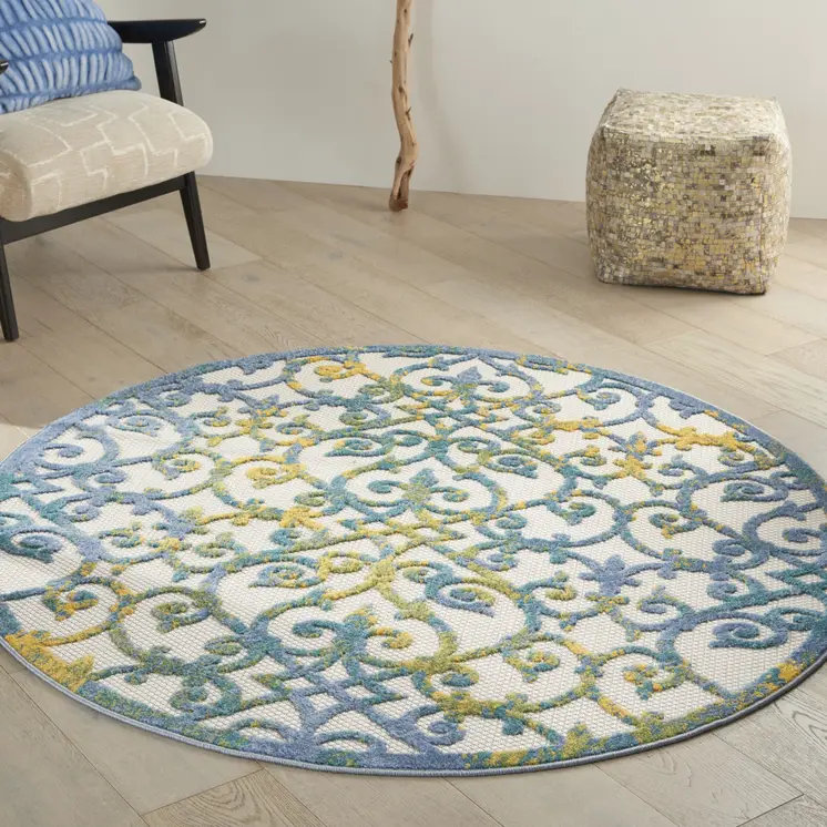 4' Ivory Blue And Yellow Round Trellis Indoor Outdoor Area Rug