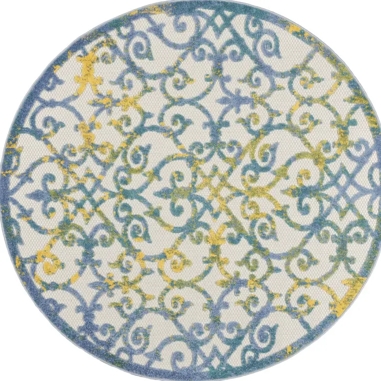 5' Ivory Blue And Yellow Round Trellis Indoor Outdoor Area Rug