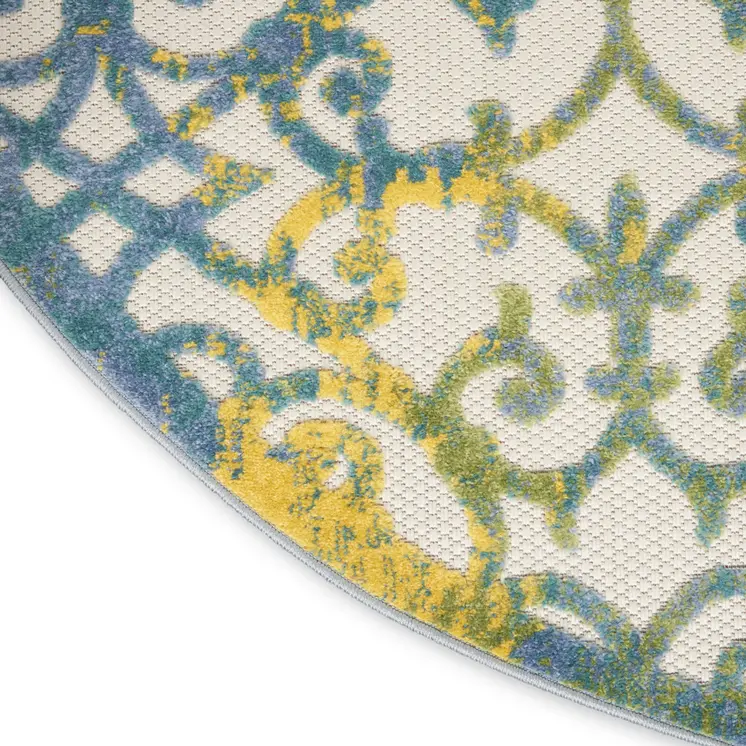 5' Ivory Blue And Yellow Round Trellis Indoor Outdoor Area Rug