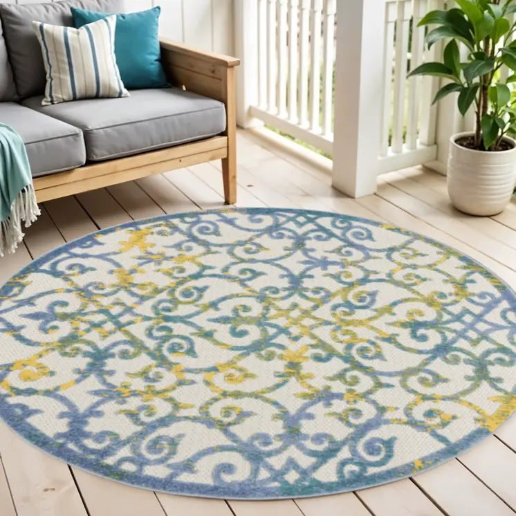 5' Ivory Blue And Yellow Round Trellis Indoor Outdoor Area Rug