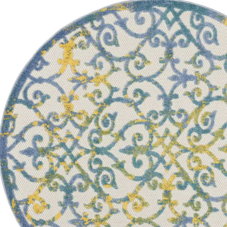 5' Ivory Blue And Yellow Round Trellis Indoor Outdoor Area Rug
