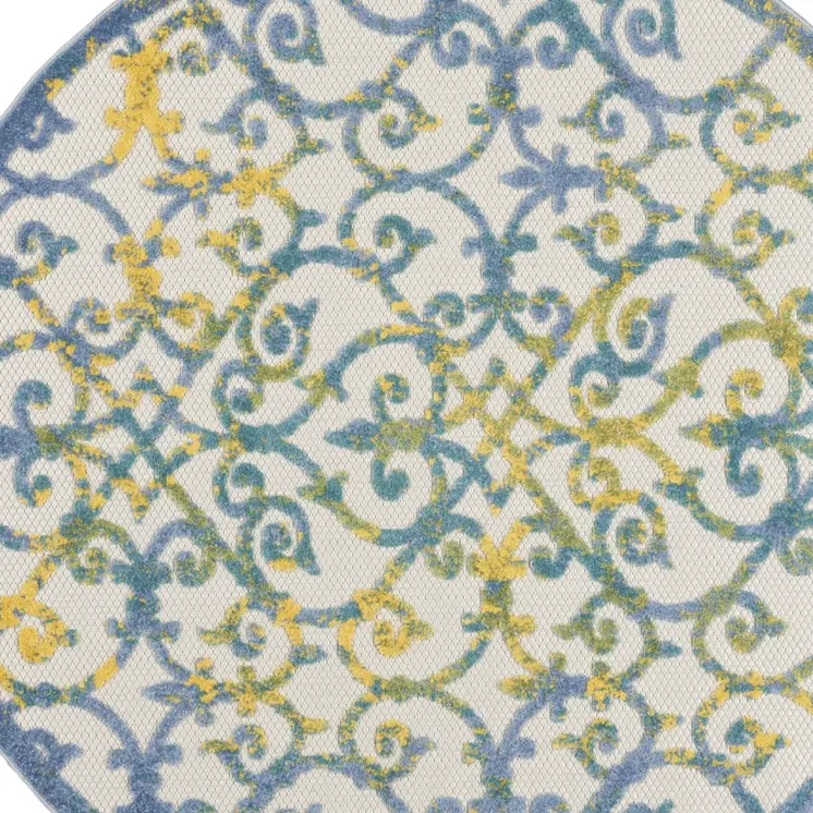 5' Ivory Blue And Yellow Round Trellis Indoor Outdoor Area Rug