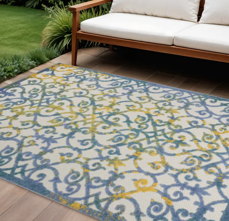 6' X 9' Ivory Blue And Yellow Trellis Indoor Outdoor Area Rug