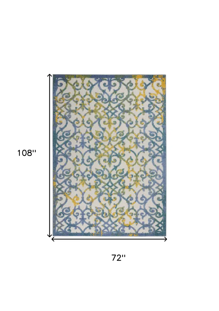 6' X 9' Ivory Blue And Yellow Trellis Indoor Outdoor Area Rug