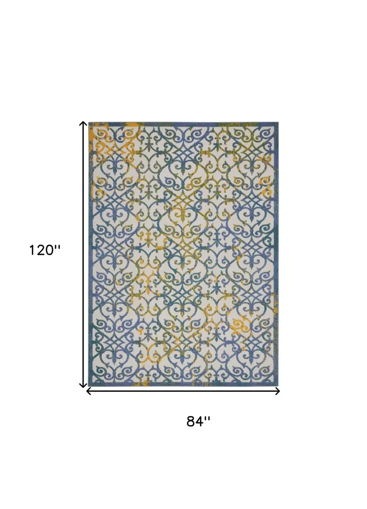 7' X 10' Ivory Blue And Yellow Trellis Indoor Outdoor Area Rug