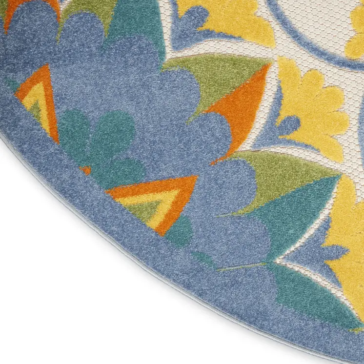 4' Ivory Blue Yellow And Orange Round Floral Indoor Outdoor Area Rug