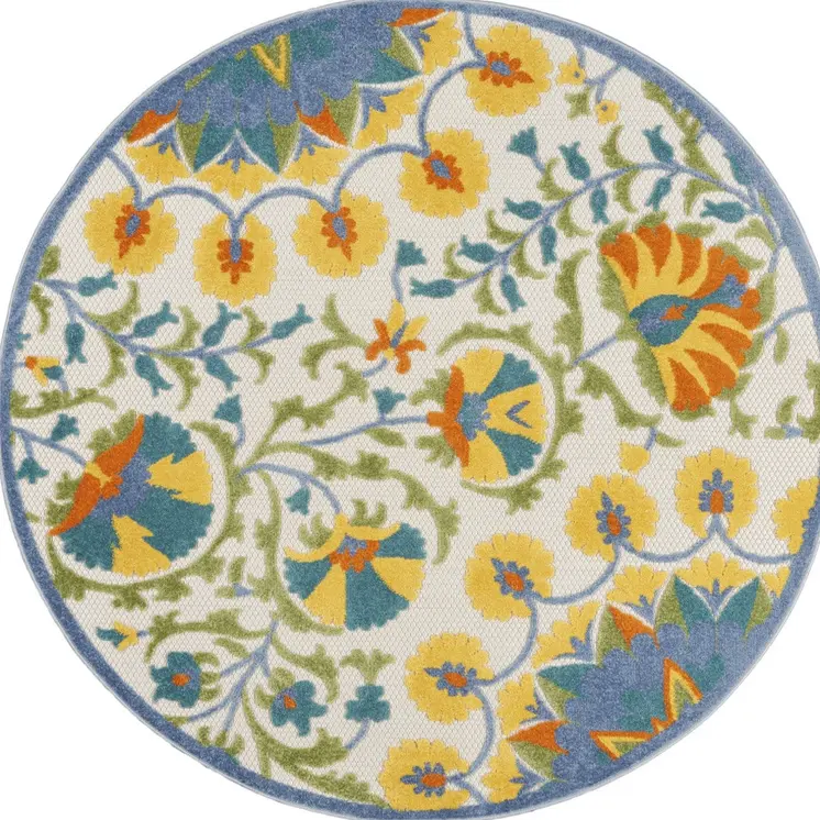 5' Ivory Blue Yellow And Orange Round Floral Indoor Outdoor Area Rug