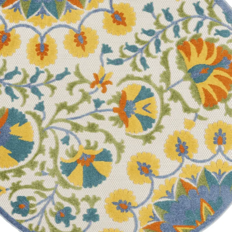 5' Ivory Blue Yellow And Orange Round Floral Indoor Outdoor Area Rug