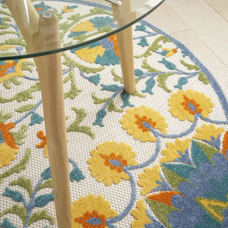 5' Ivory Blue Yellow And Orange Round Floral Indoor Outdoor Area Rug