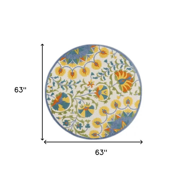 5' Ivory Blue Yellow And Orange Round Floral Indoor Outdoor Area Rug