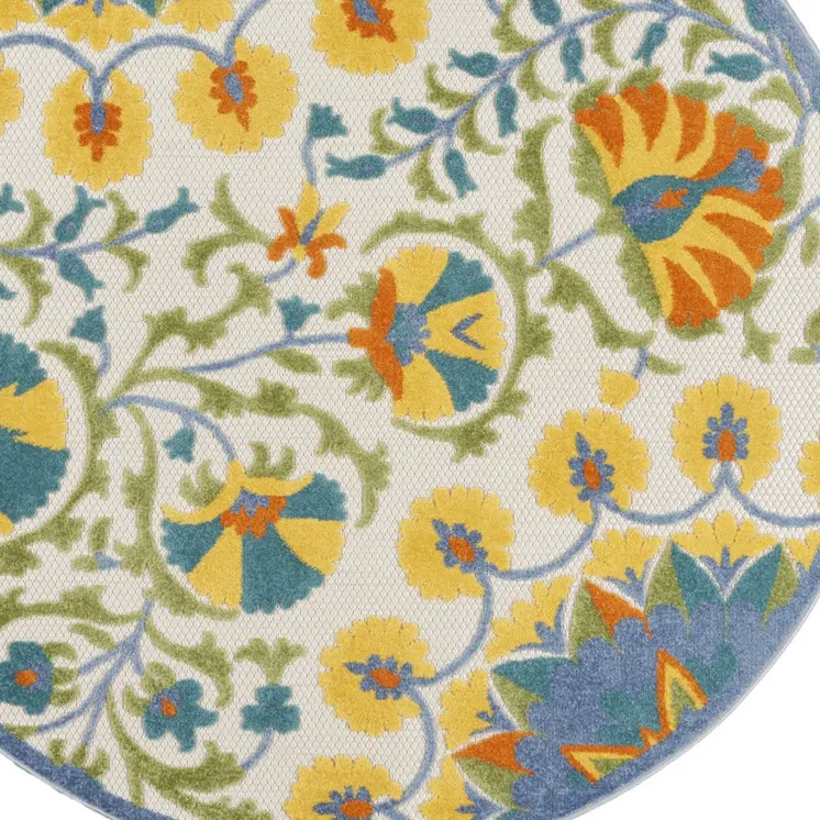 5' Ivory Blue Yellow And Orange Round Floral Indoor Outdoor Area Rug