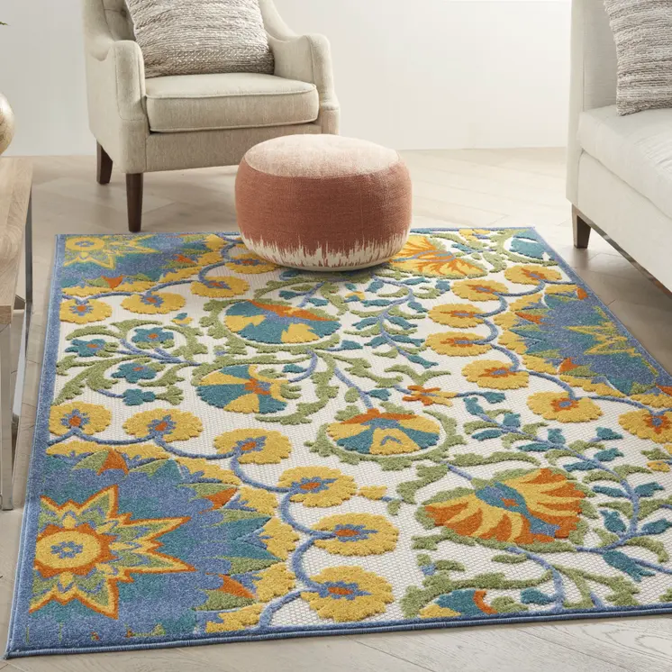 6' X 9' Ivory Blue Yellow And Orange Floral Indoor Outdoor Area Rug