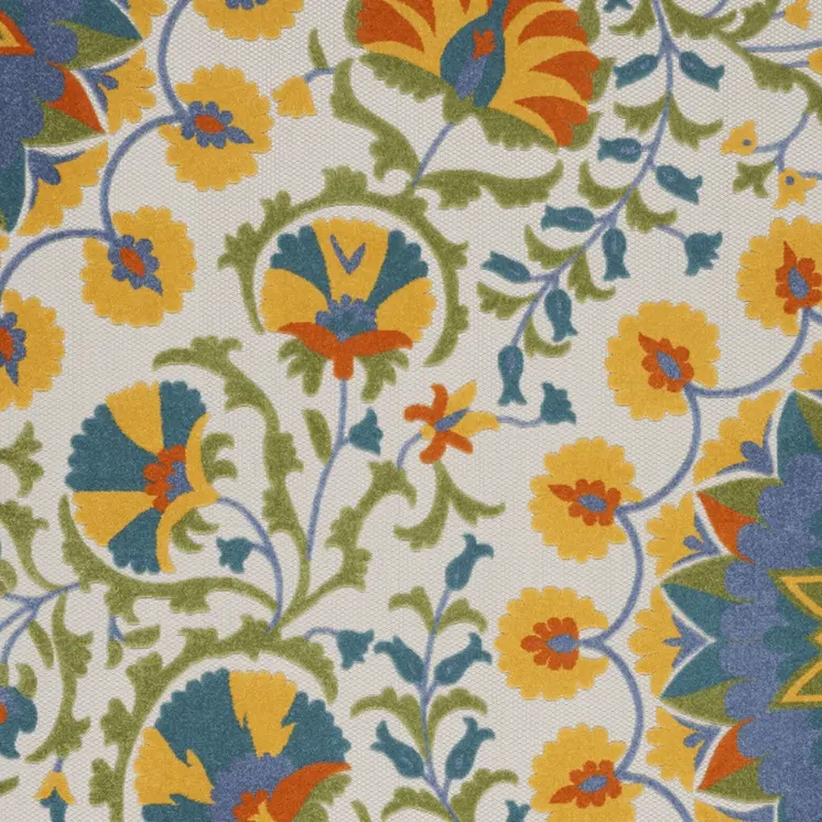 7' X 10' Ivory Blue Yellow And Orange Floral Indoor Outdoor Area Rug