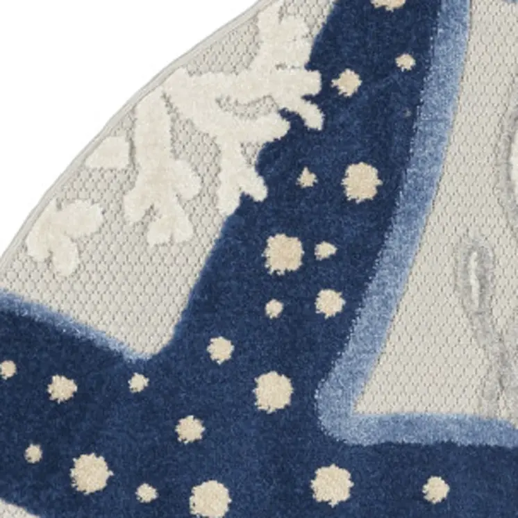 4' Navy Blue And Gray Round Starfish Indoor Outdoor Area Rug
