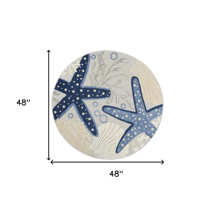 4' Navy Blue And Gray Round Starfish Indoor Outdoor Area Rug