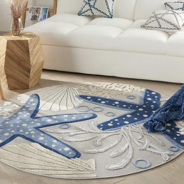 5' Navy Blue And Gray Round Starfish Indoor Outdoor Area Rug