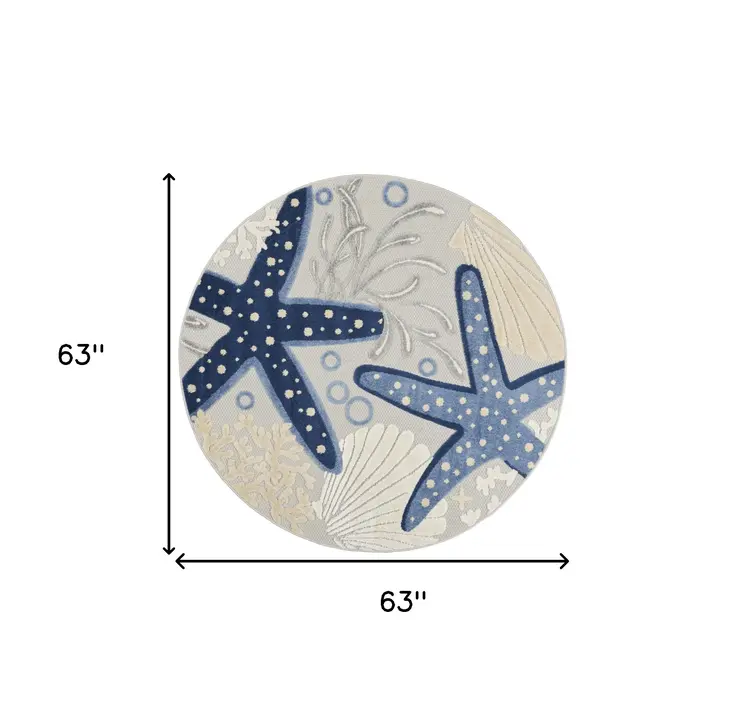5' Navy Blue And Gray Round Starfish Indoor Outdoor Area Rug