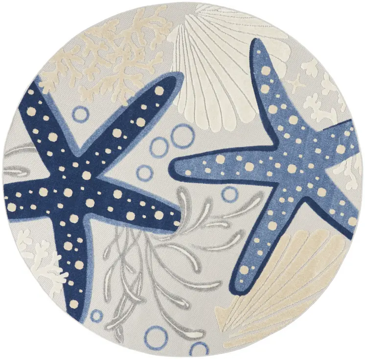 8' Navy Blue And Gray Round Starfish Indoor Outdoor Area Rug