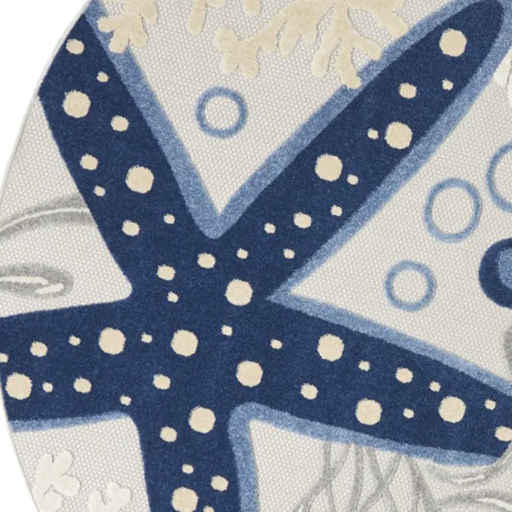 8' Navy Blue And Gray Round Starfish Indoor Outdoor Area Rug