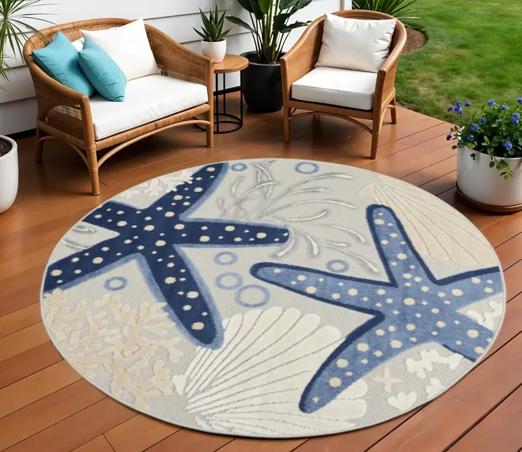 8' Navy Blue And Gray Round Starfish Indoor Outdoor Area Rug