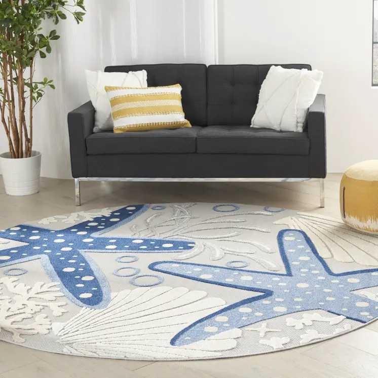 8' Navy Blue And Gray Round Starfish Indoor Outdoor Area Rug