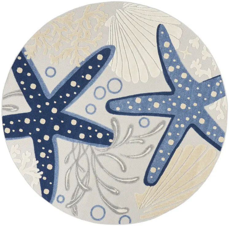 8' Navy Blue And Gray Round Starfish Indoor Outdoor Area Rug